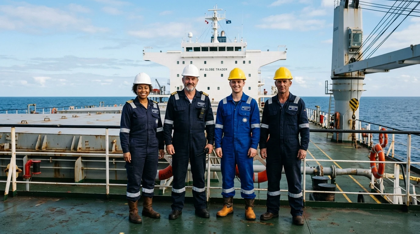 Professional seafarers on deck during bulk carrier crew mobilization